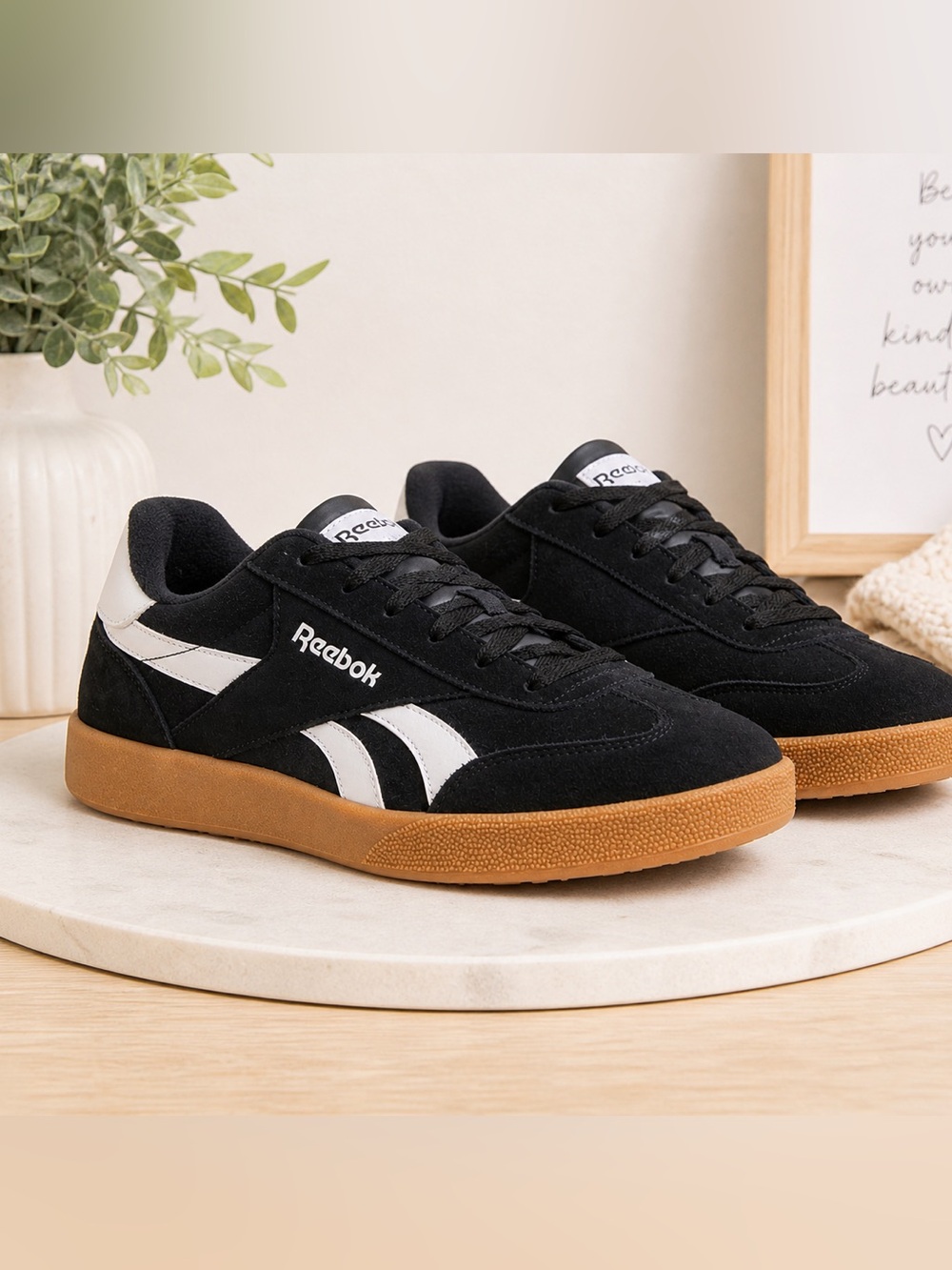 Reebok Men's Black & White Suede Low-Top Sneakers with Gum Sole